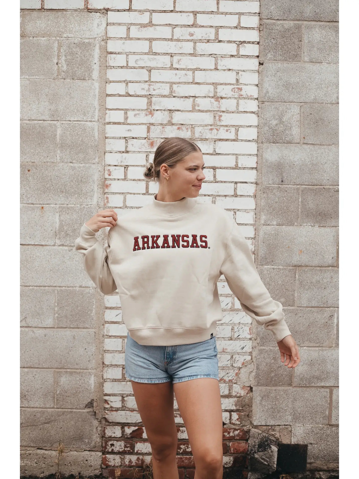 U of Arkansas Chenille Crop Mock Neck Sweatshirt