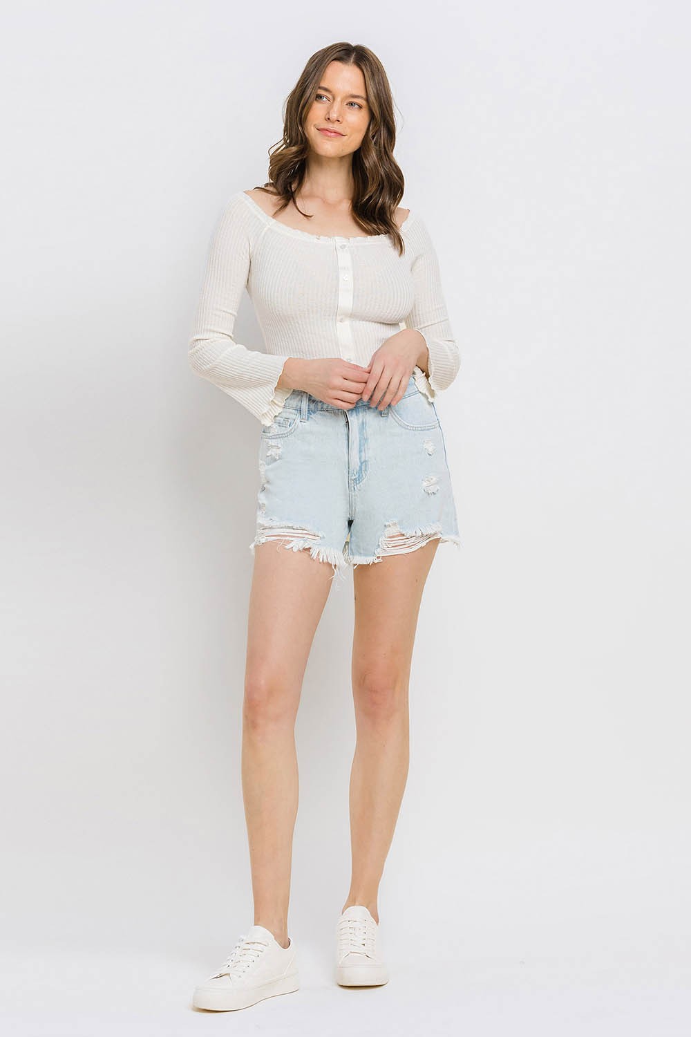 Perspective Flow High Rise Distressed Mom Shorts