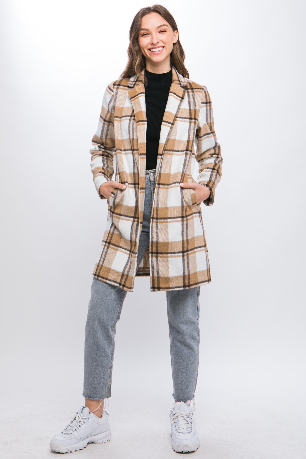 Lapel Collared Plaid Wool Blend Full Coat