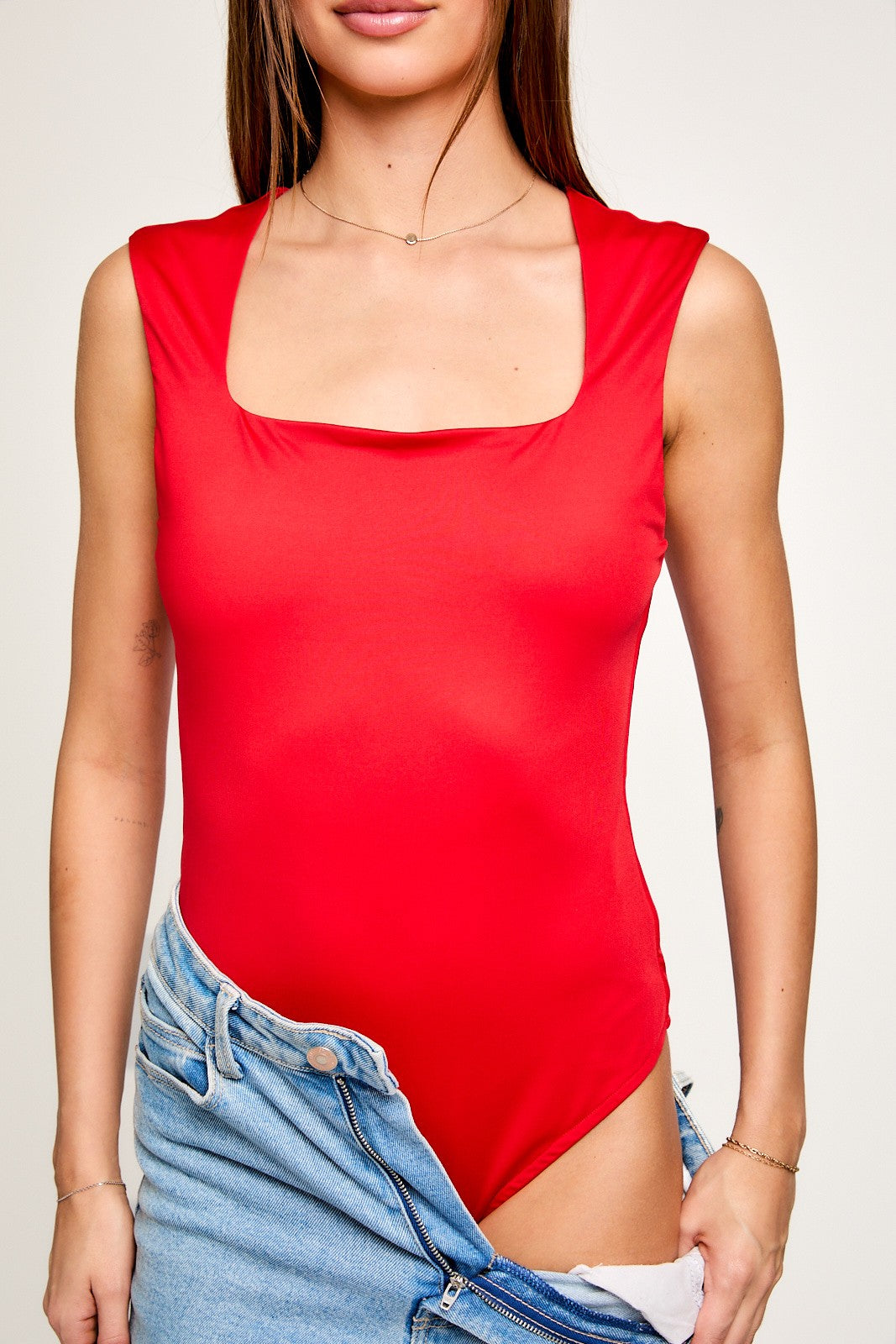 Red Square Neck Sleeveless Bodysuit