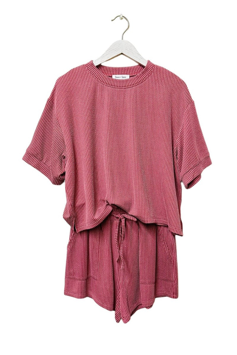 (Mauve) On The Go Ribbed Round Neck Top and Short Set