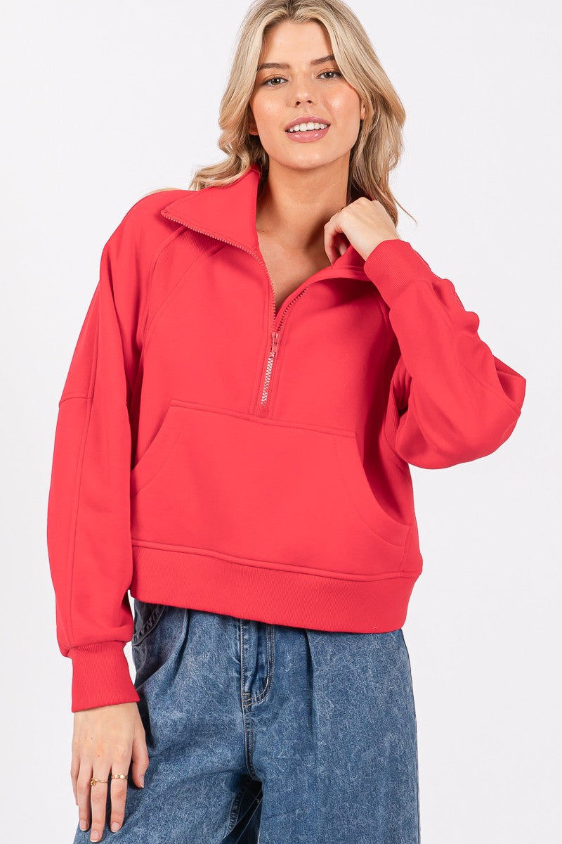 (Red) Half Zip Funnel Neck Pullover