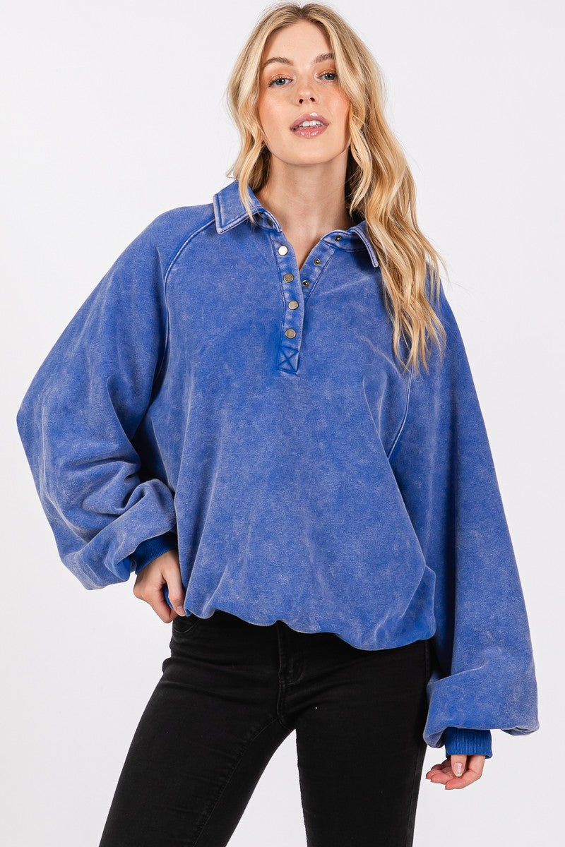 (Royal Blue) Piper Collared Mineral Washed Pullover