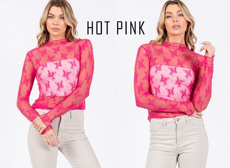 Hot Pink Floral Long Sleeve Mesh Top