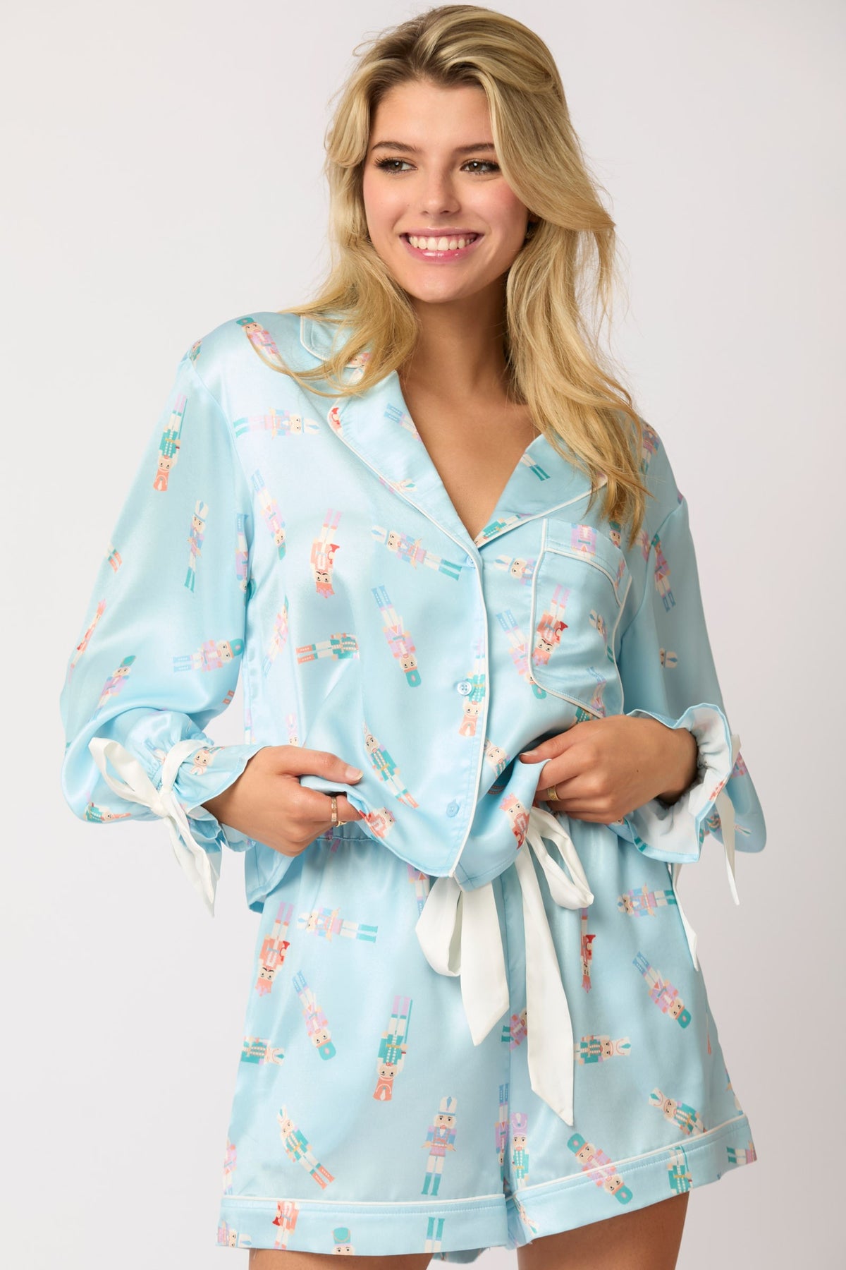 Blue Nutcracker Satin Christmas Pajama Set