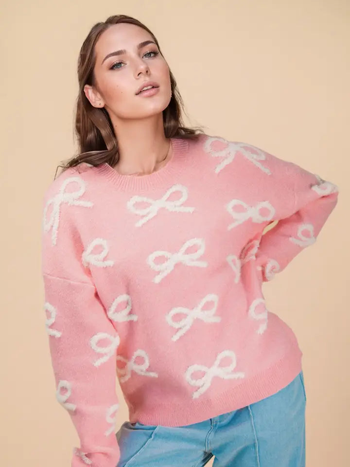 Bow Textured Graphic Knit Sweater