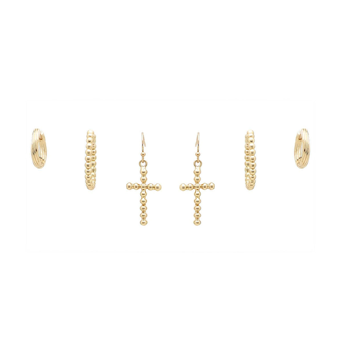 Set of 3 Gold Cross and Hoop Earring Studs