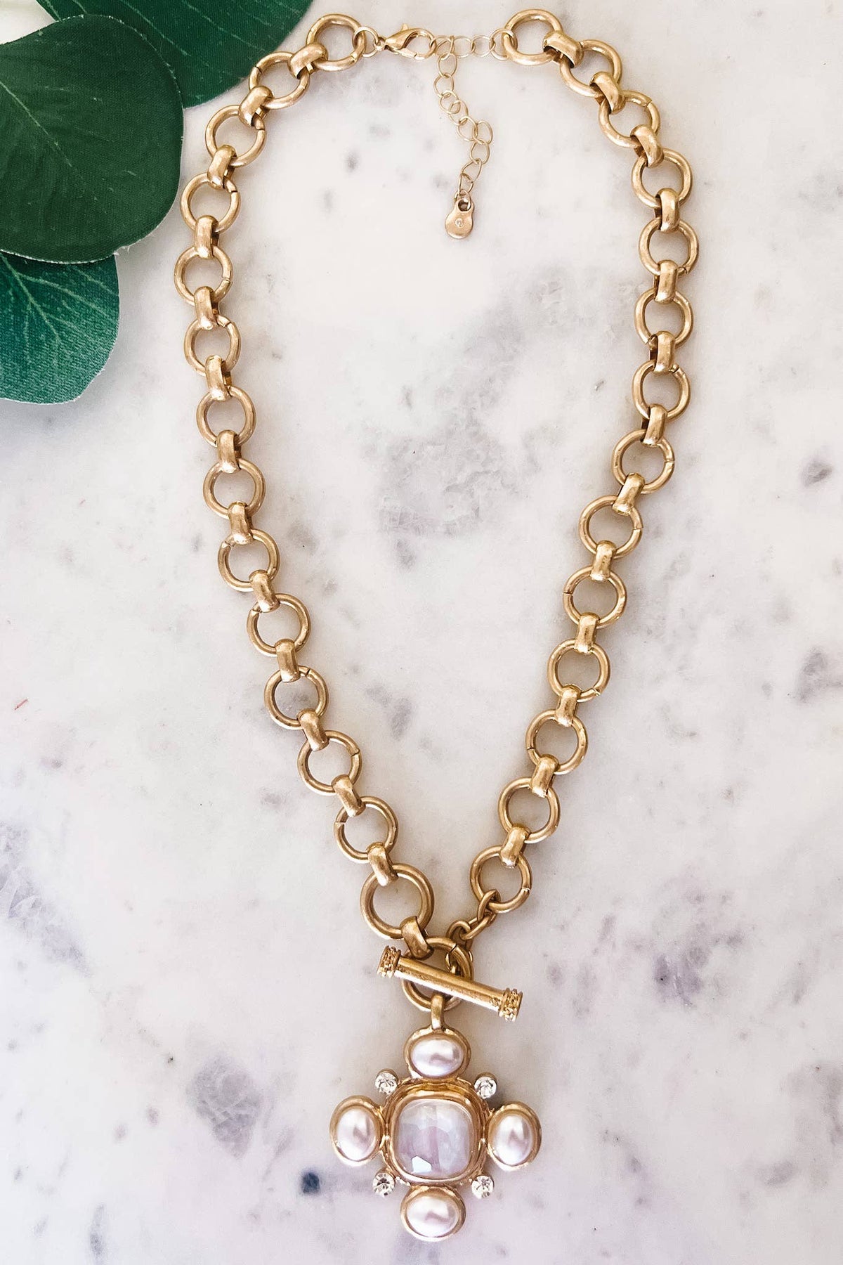 Vintage Iridescent Pearl Cross On A Thick Gold Necklace