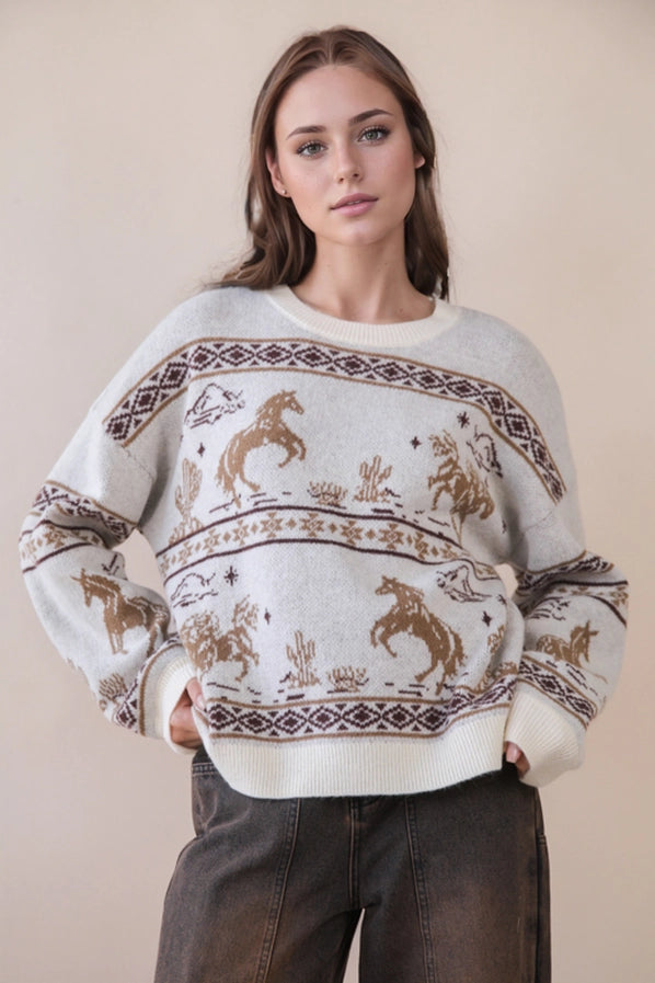 Oversized Western Graphic Knit Sweater