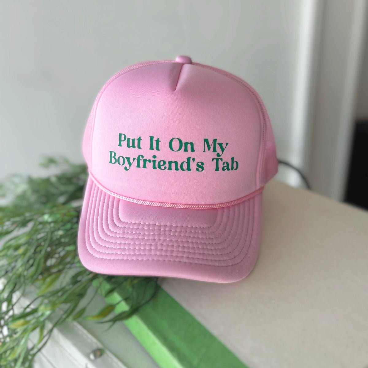 'Put It On My Boyfriends Tab' Trucker Hat Pink/Green