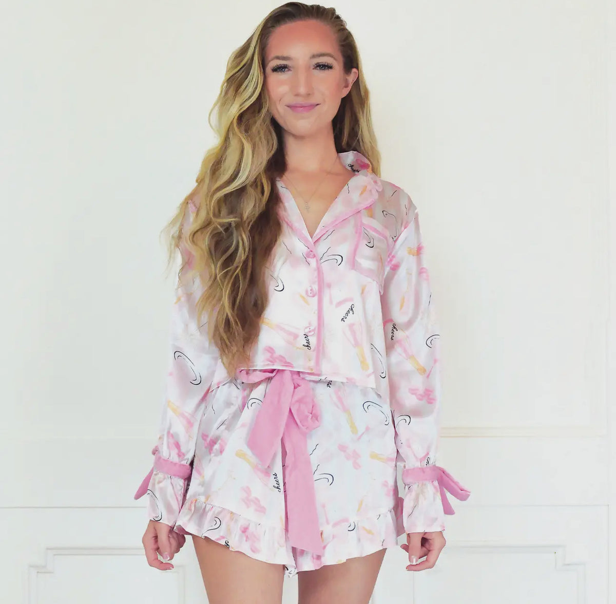 Champagne Problems Satin Pajama Set With Ties