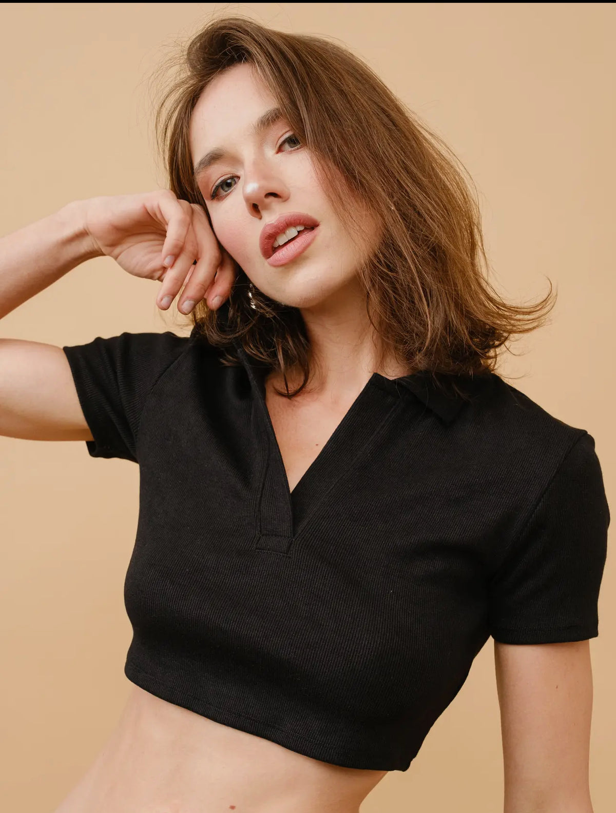 Black Ribbed Polo Crop