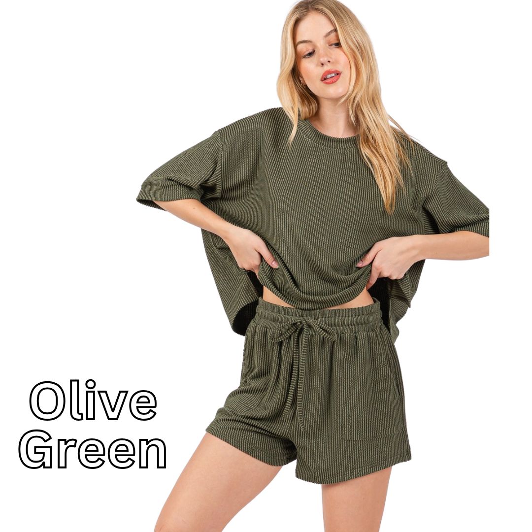 (Olive Green) On The Go Ribbed Round Neck Top and Short Set