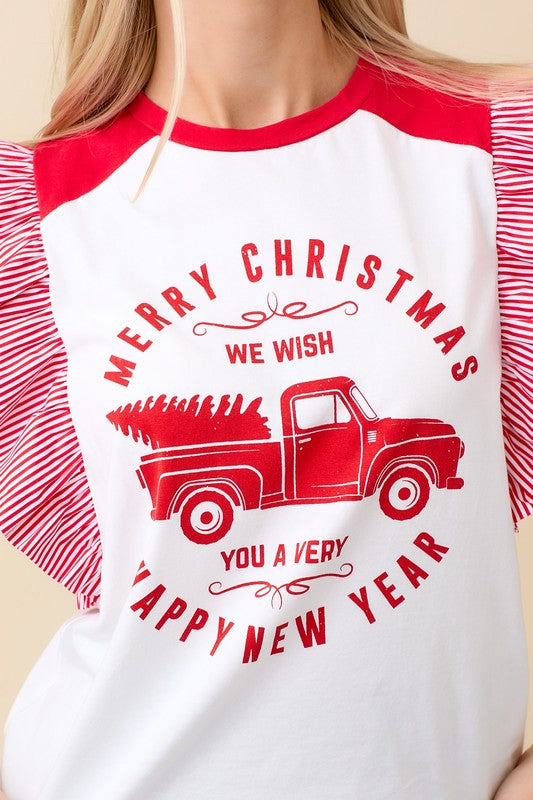 Red Ruffle Sleeve Christmas Tree Tee