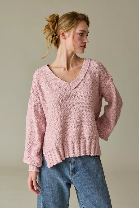 Miriam Loose Fit V-Neck Balloon Sleeve Sweater - Blush