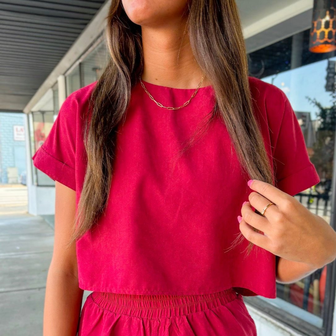 Crimson Red Solid Boxy Top