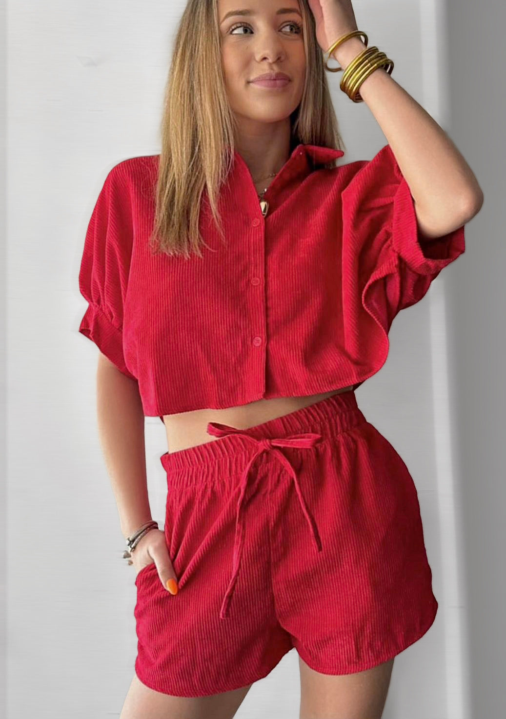 Red Corduroy Button Down Set