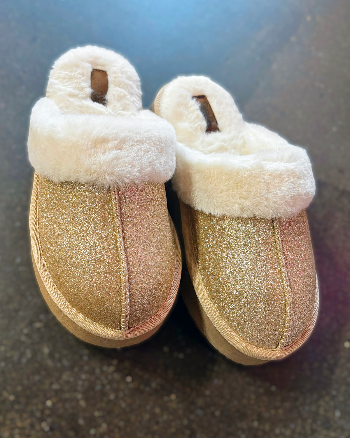 Champagne Sparkle Slide On Slippers With Faux Fur