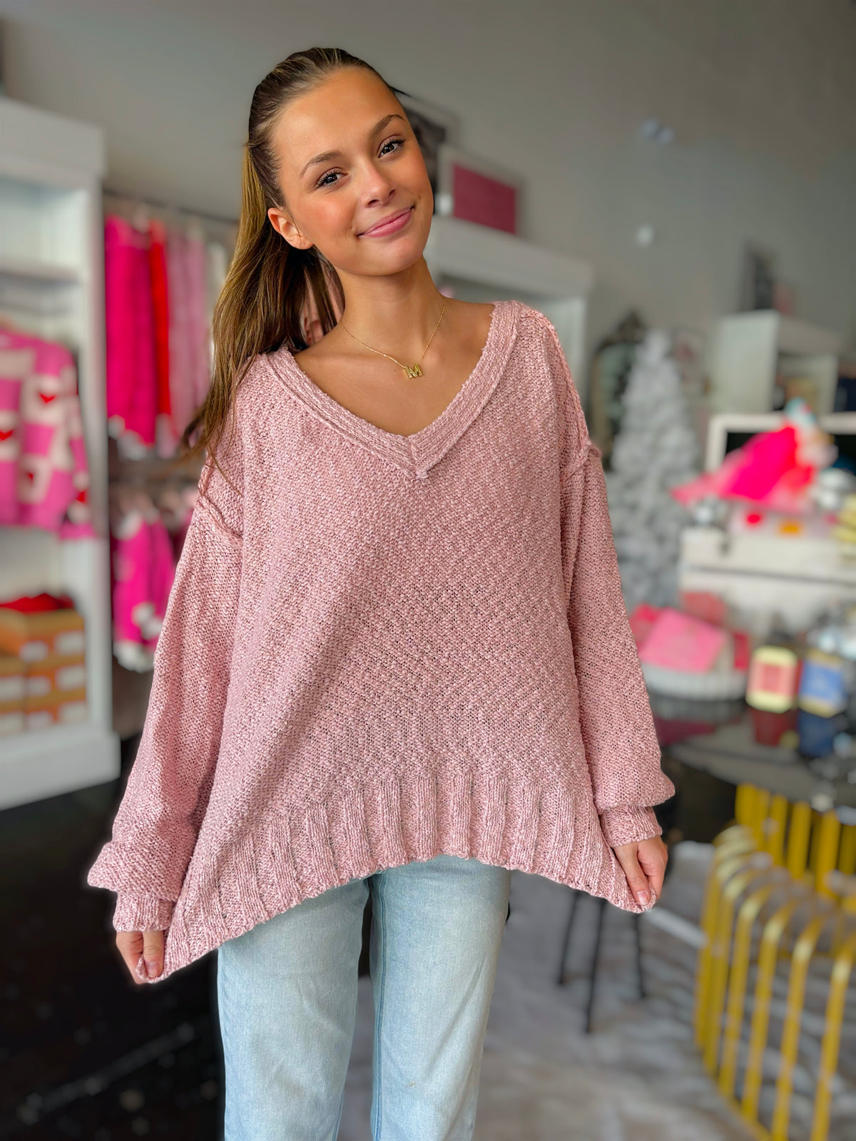 Miriam Loose Fit V-Neck Balloon Sleeve Sweater - Blush