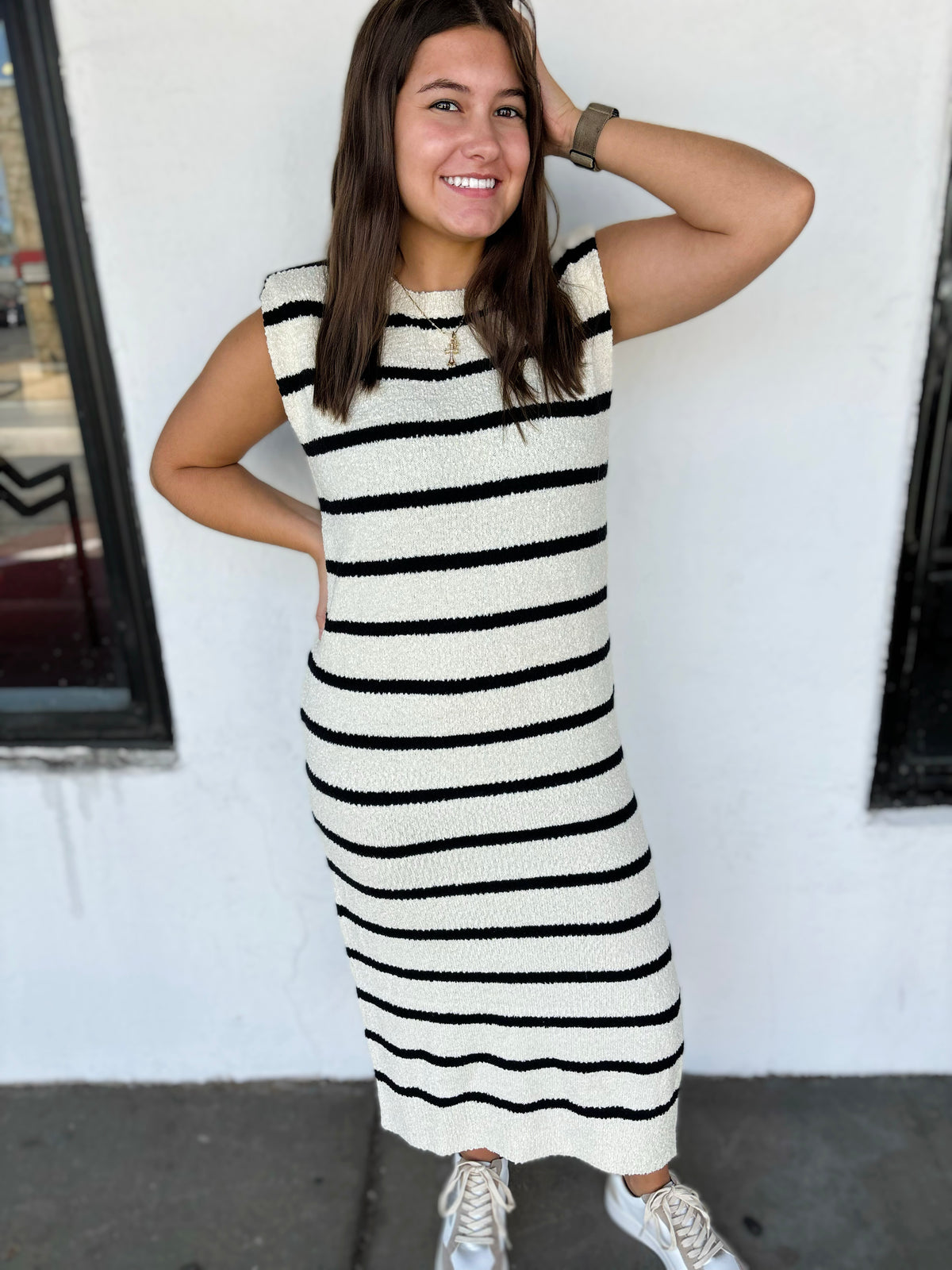 Cream/Black Textured Striped Knit Dress