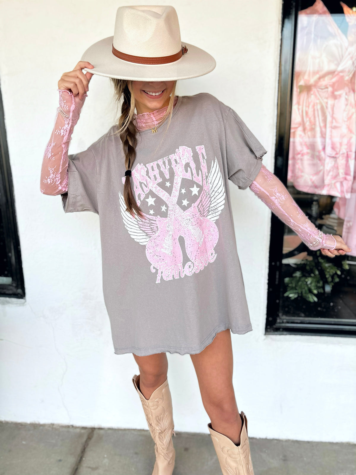 Nashville Country Music Lover Graphic - Oversized T-Shirt Dress With Pockets