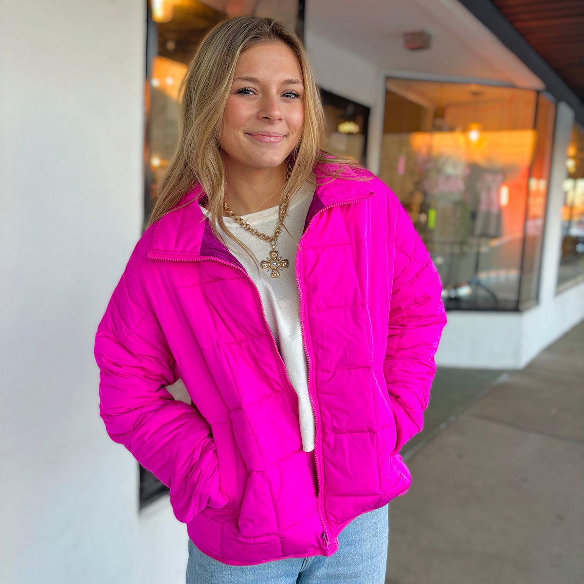 Bright Fuchsia Pink Quilted Puffer Jacket