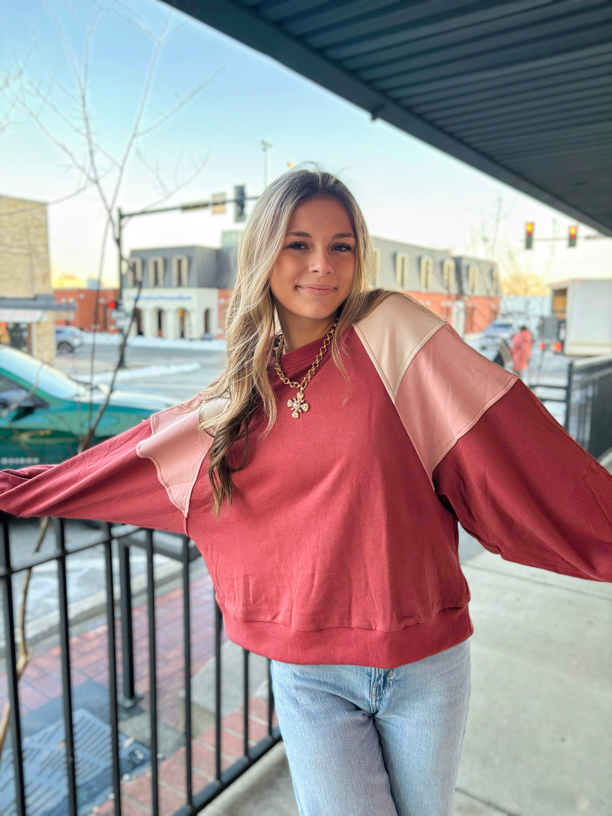 Rose/Pink Color Block Raglan Sweatshirt