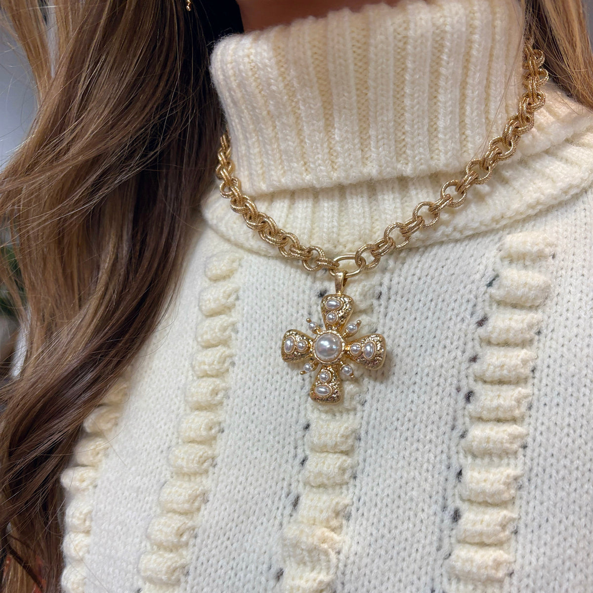 Vintage Pearl Cross Double Linked Necklace