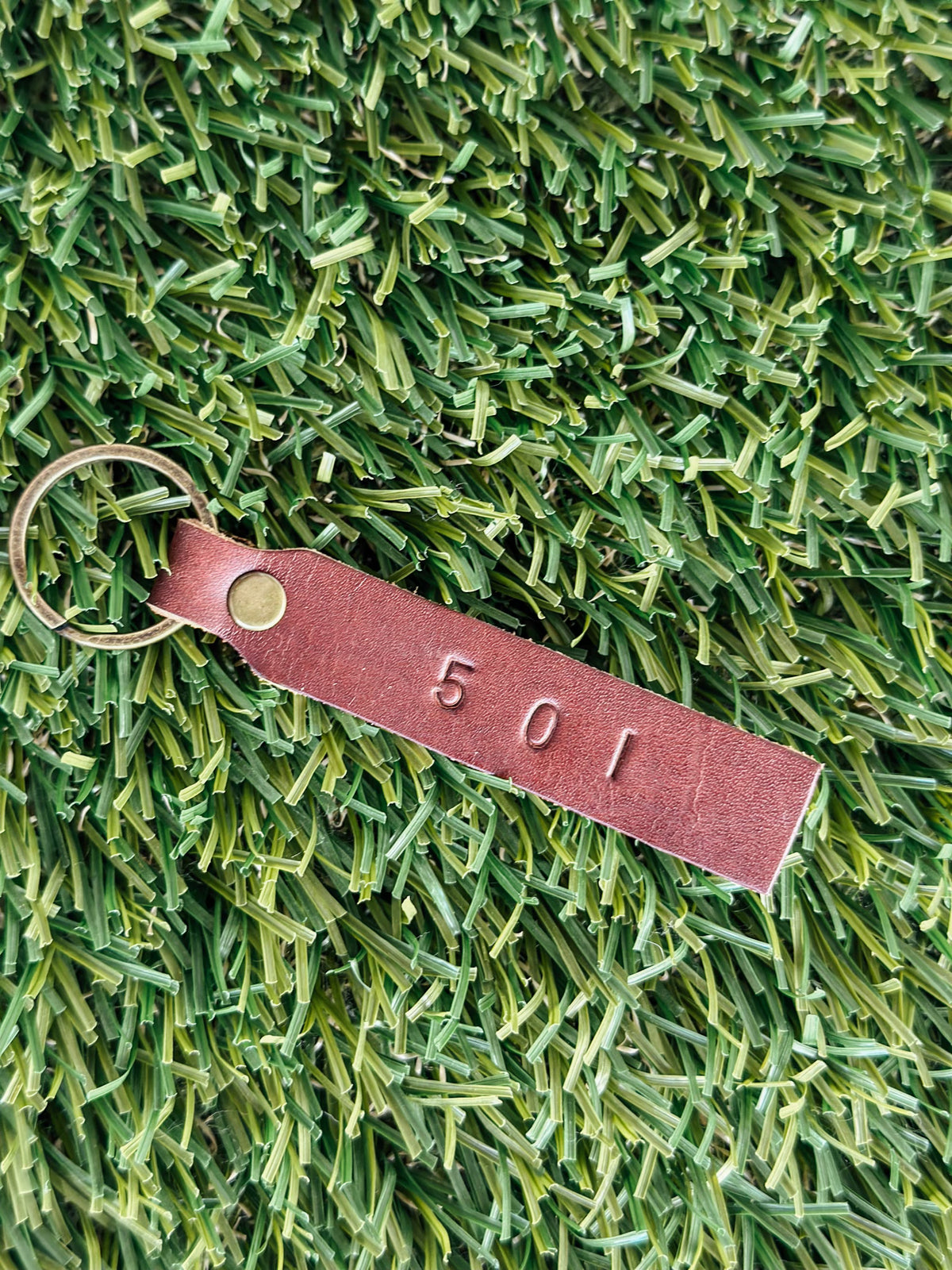 Arkansas Area Code Stamped Leather Keychain