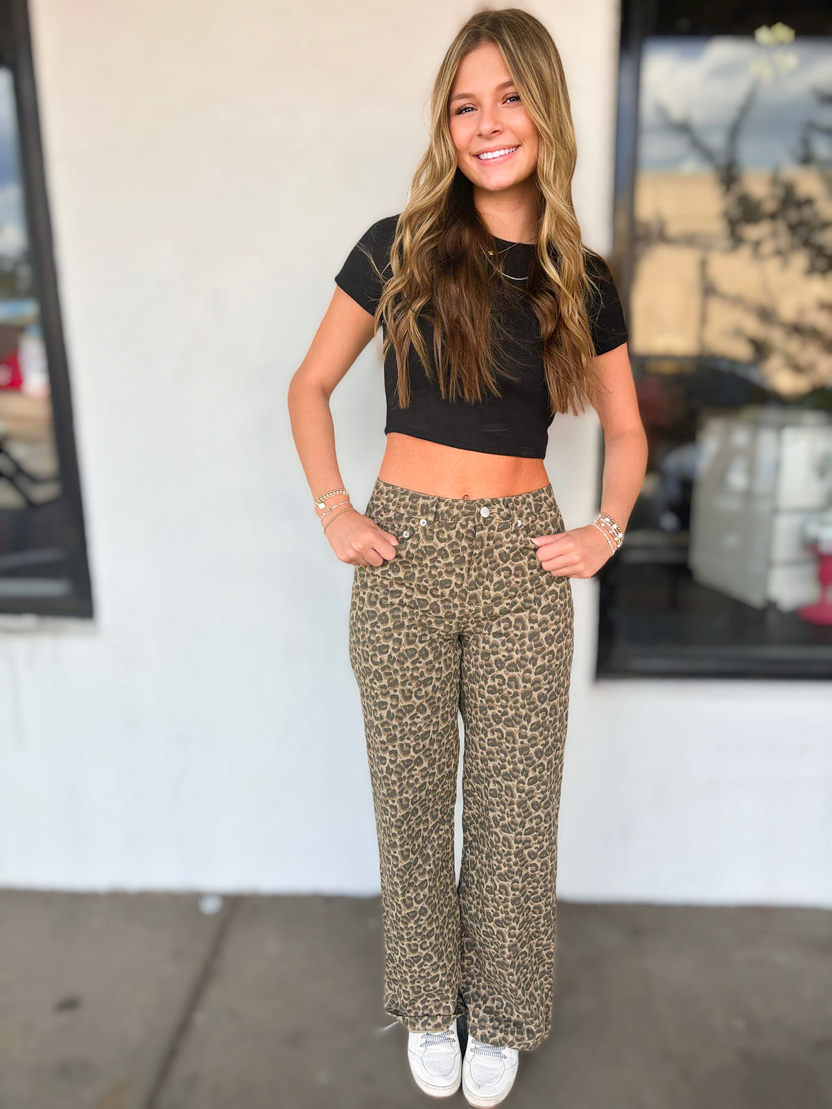 Leopard Print Denim Wide Leg Pants