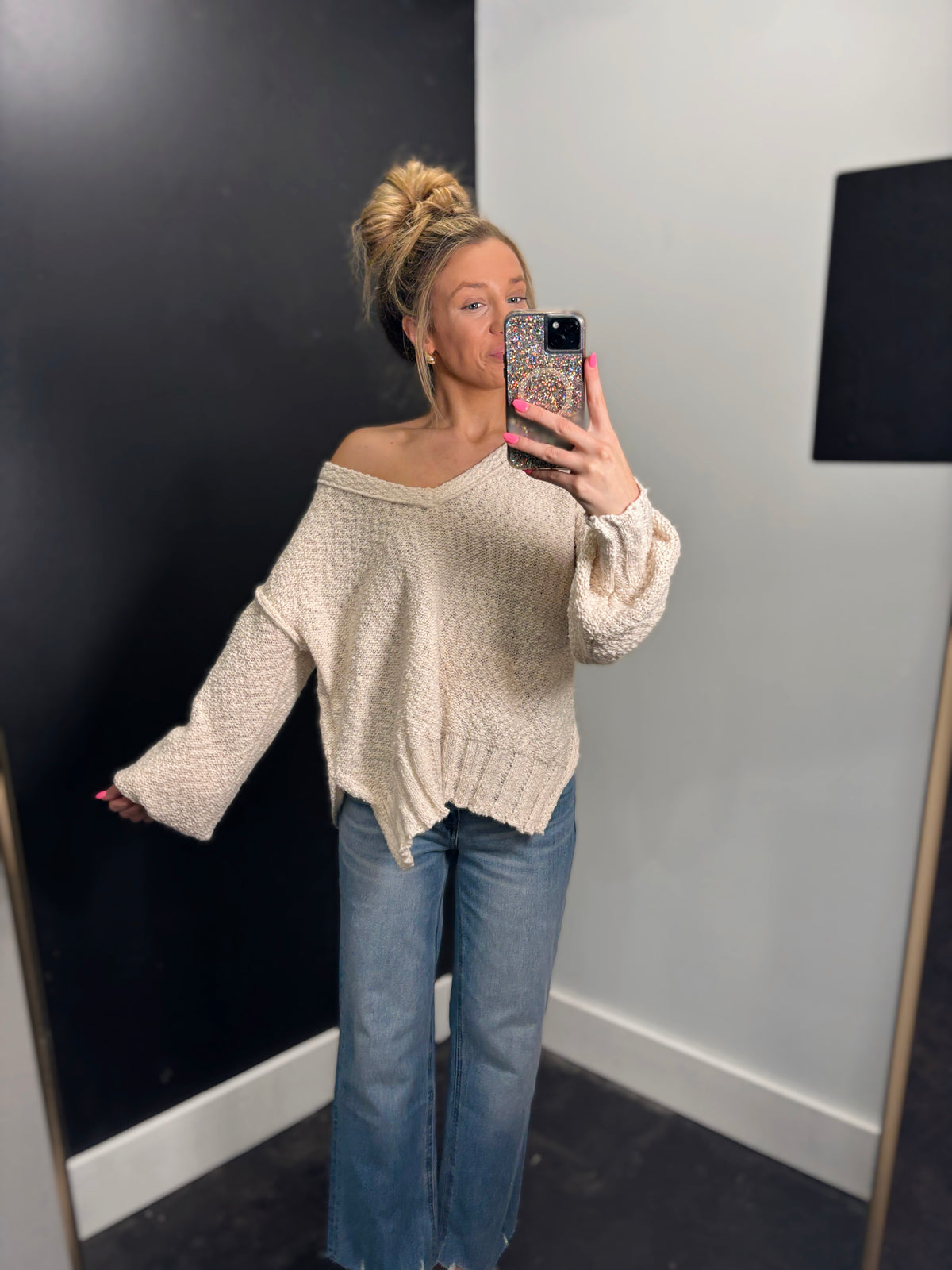 Cream Off The Shoulder Sweater