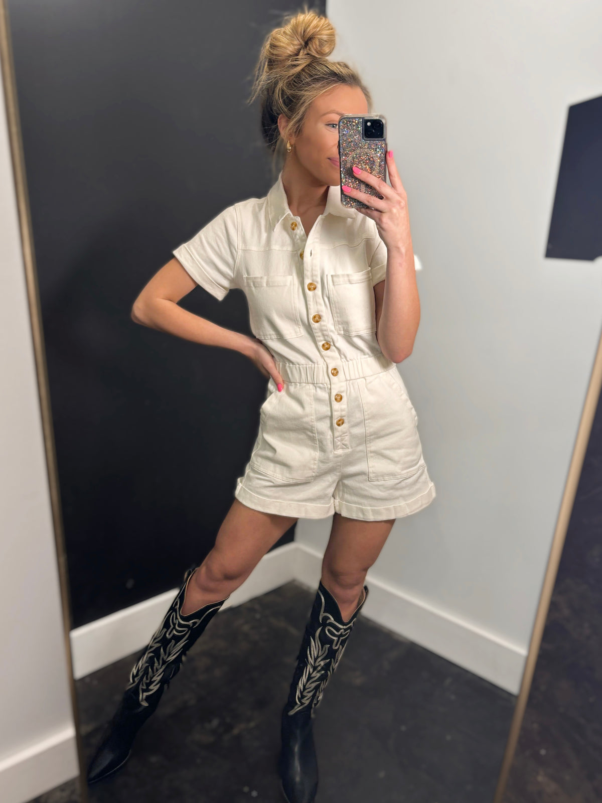 Ivory Denim Romper - Large