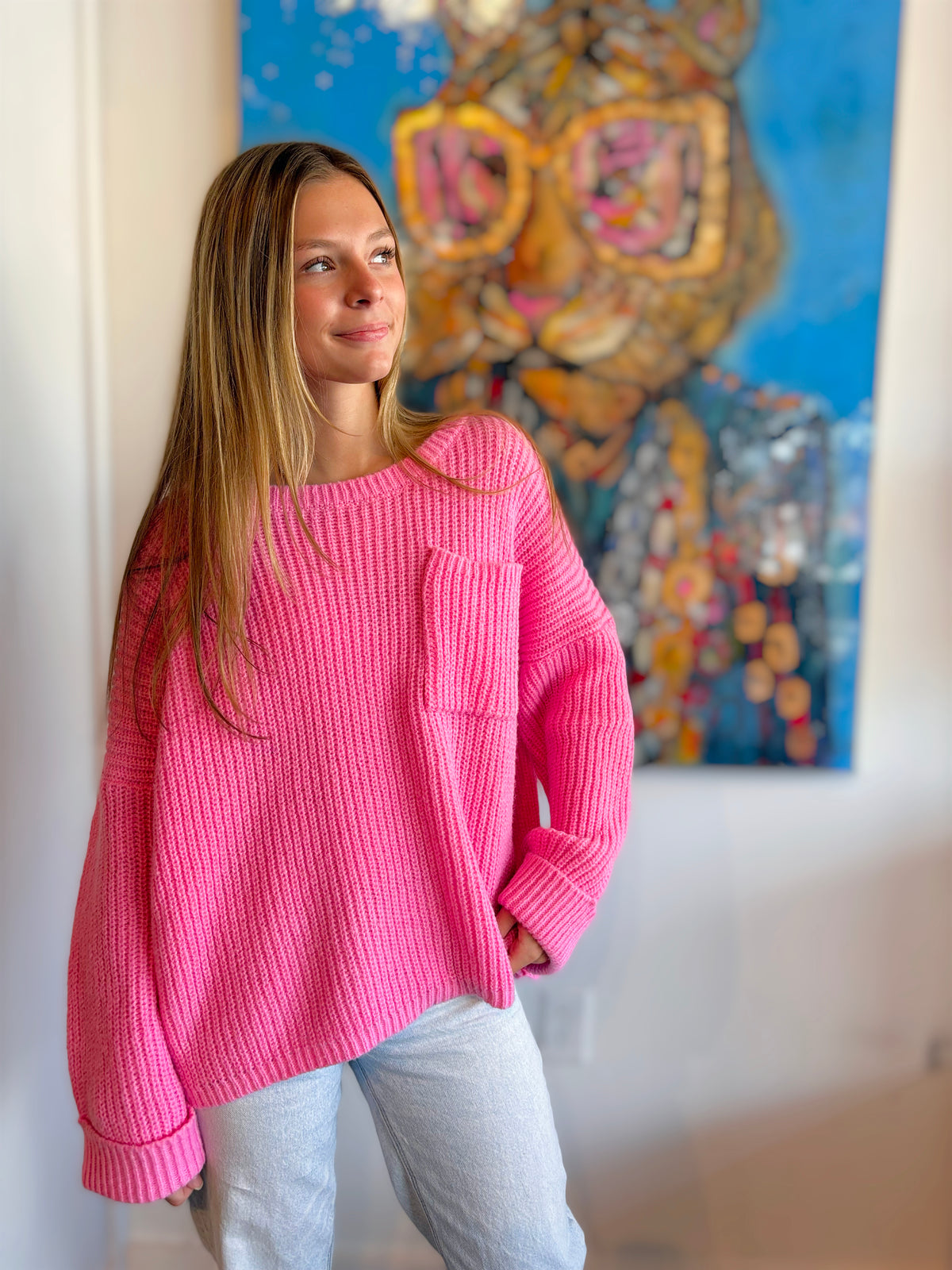 Round Neck Oversized Sweater Pink