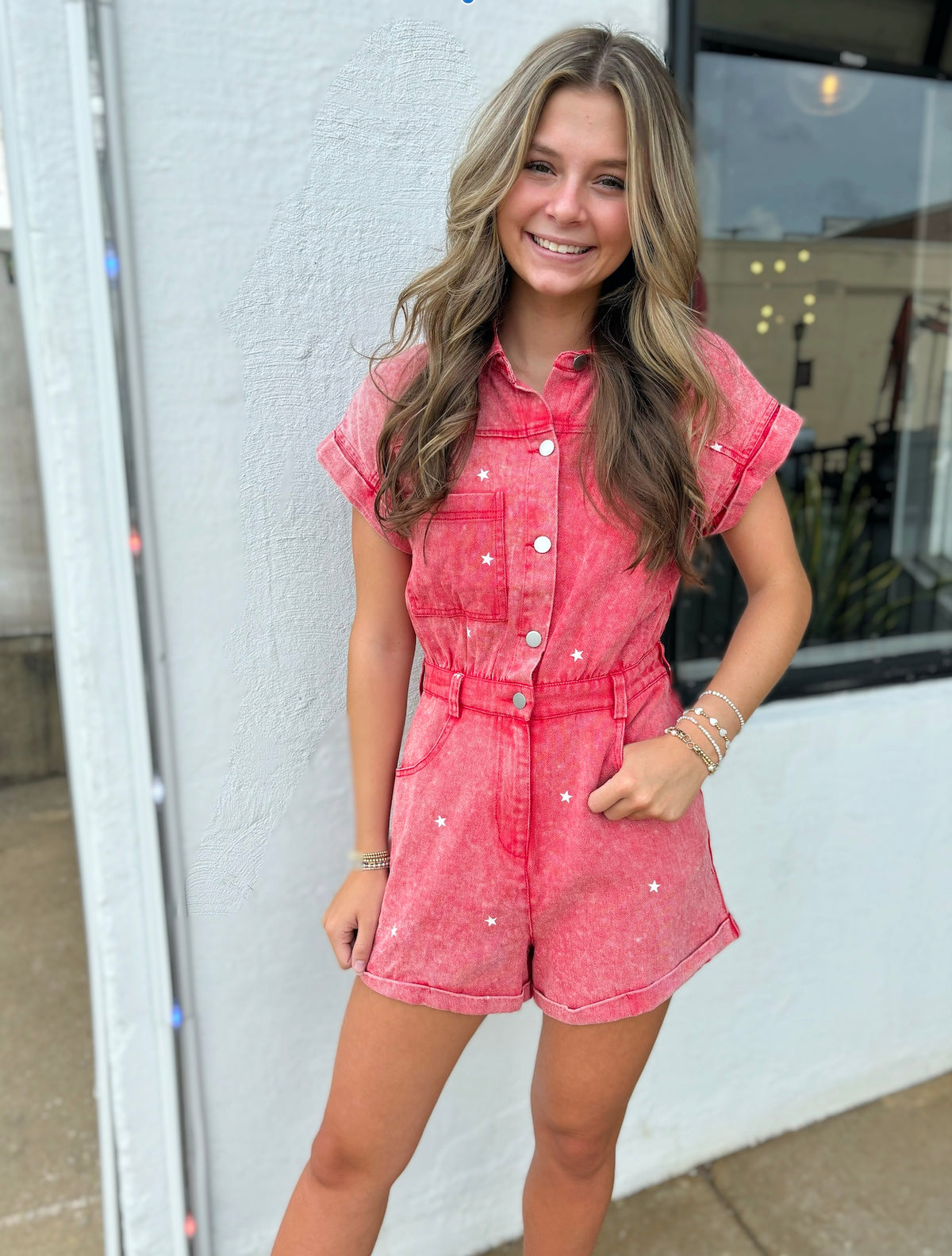 Red Denim Romper w White Stars