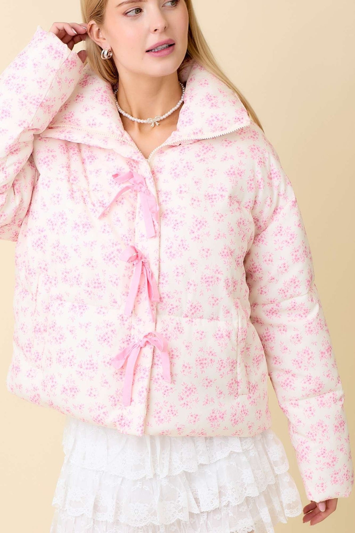 (Light Pink) Floral Puffer Jacket With Bows