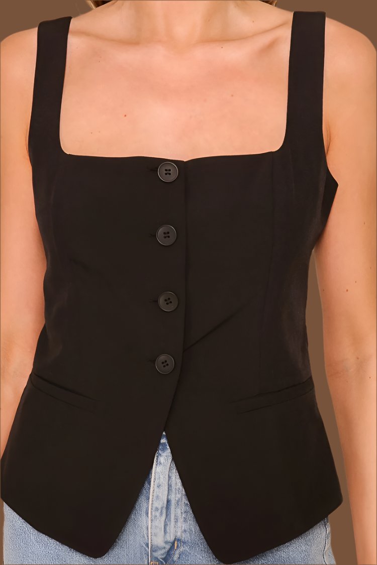 Black Button Down Square Neck Vest