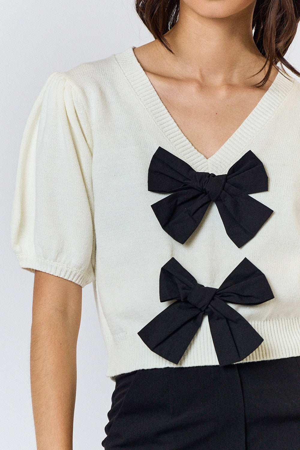 Bow Front V-Neck Puff Sleeve Sweater Top