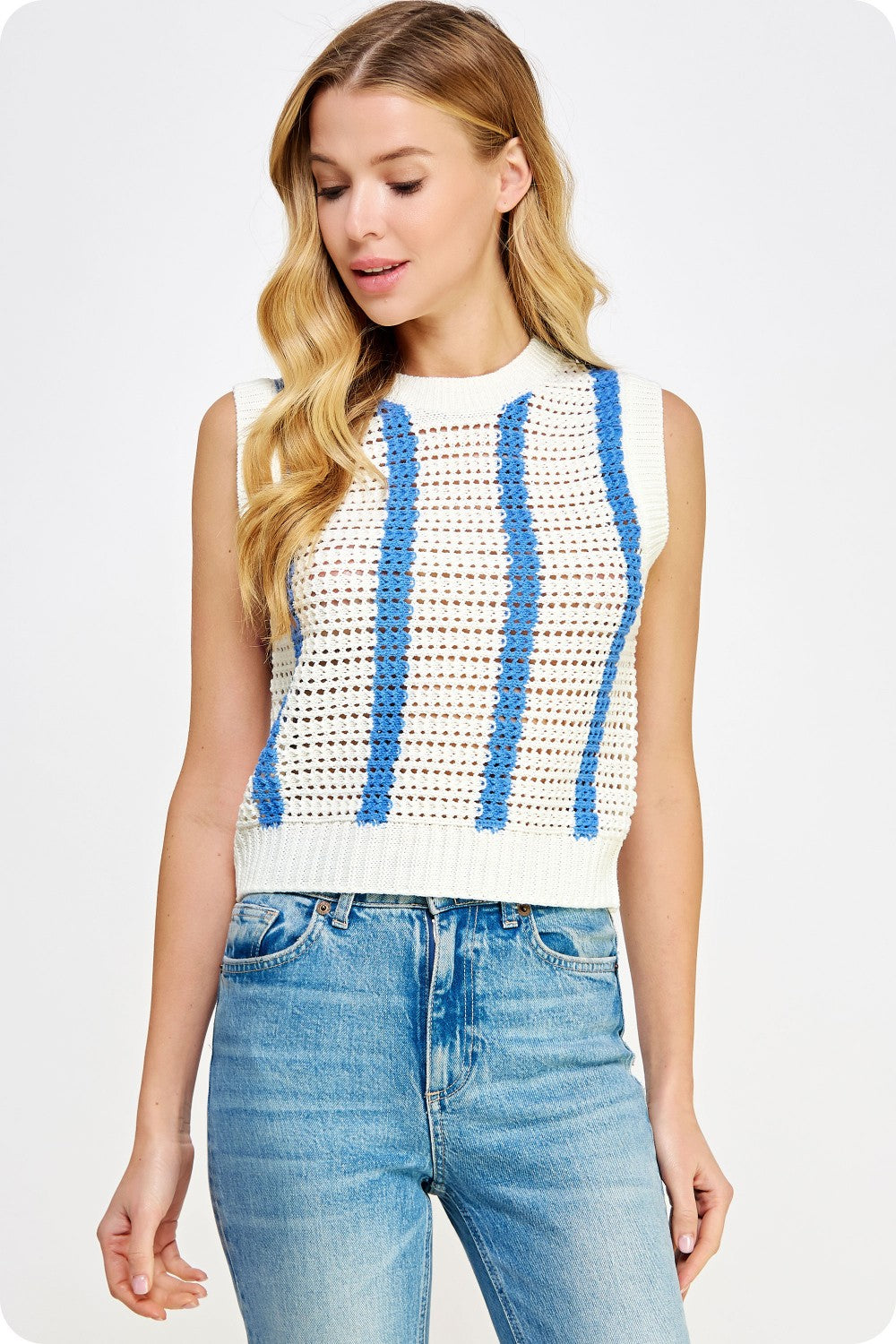 Crochet Open Weave Striped Sleeveless Top & Skirt Set